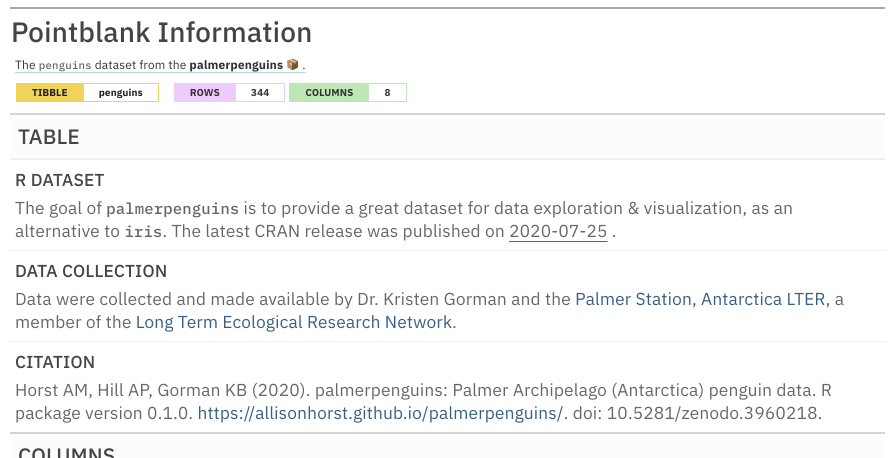 This is a tabular report entitled 'Pointblank Information'. The header contains information about the input table (identifying it as a tibble called 'penguins') and includes the number of rows (344) and columns (8). In the table body, there is a section called 'Table' and three subsections: (1) 'R Dataset', (2) 'Data Collection', and (3) 'Citation'. The text for each of these subsections is available in (and taken verbatim from) the previous code listing. Notably, the date presented in the first subsection (2020-07-25) is prominently underlined and the text is styled with a monospaced variant of the report font.